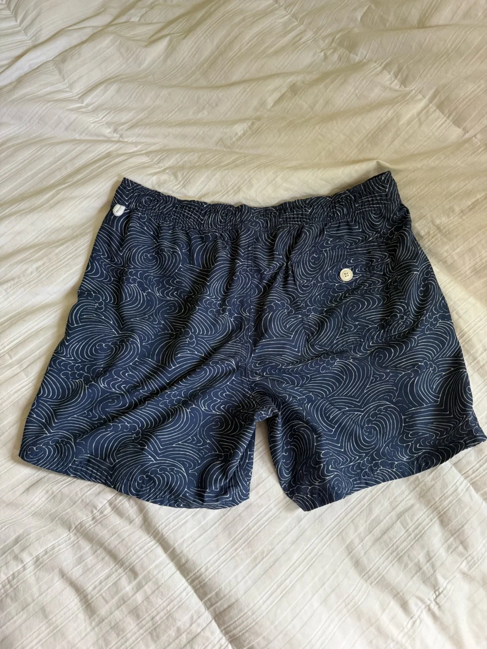 J. Crew Navy Swim Trunks with White Wave Pattern